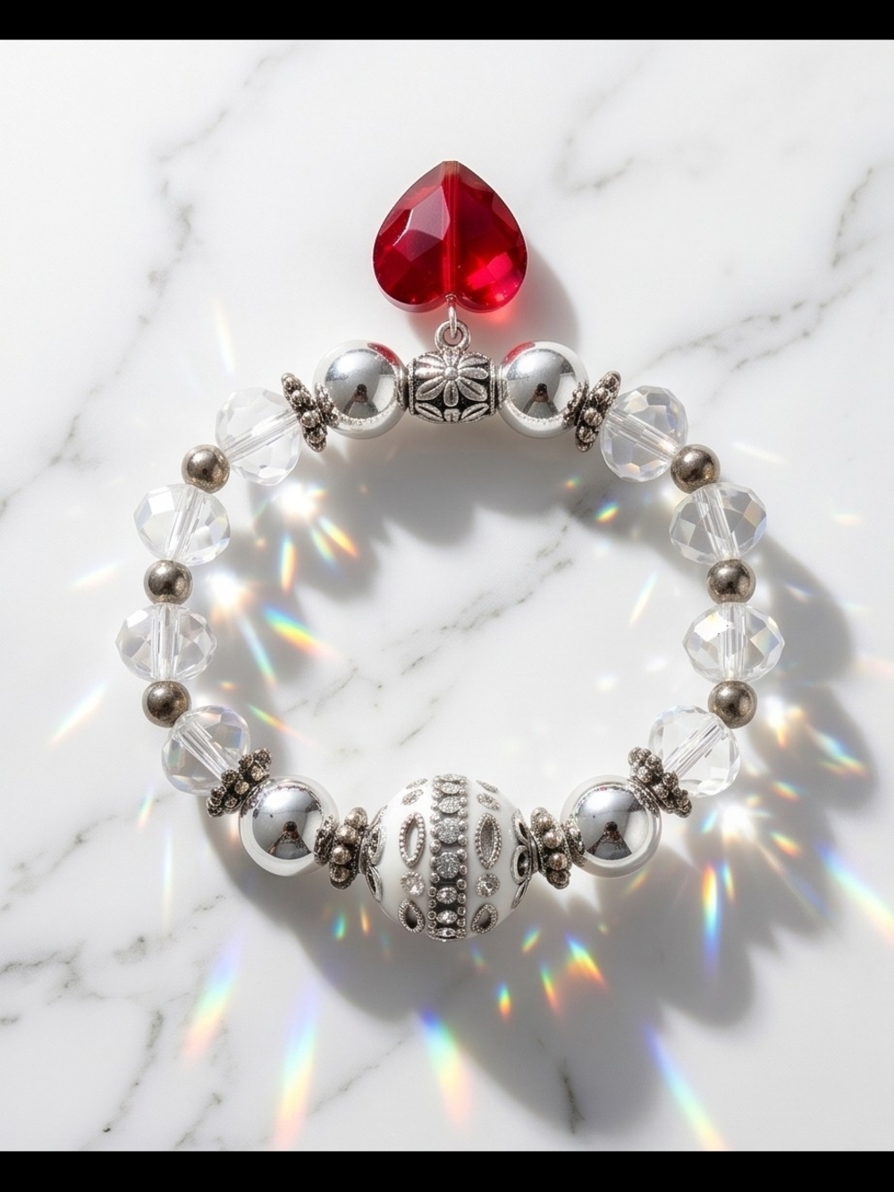 Silver Crystal Beaded Bracelet with Red Crystal Heart Charm